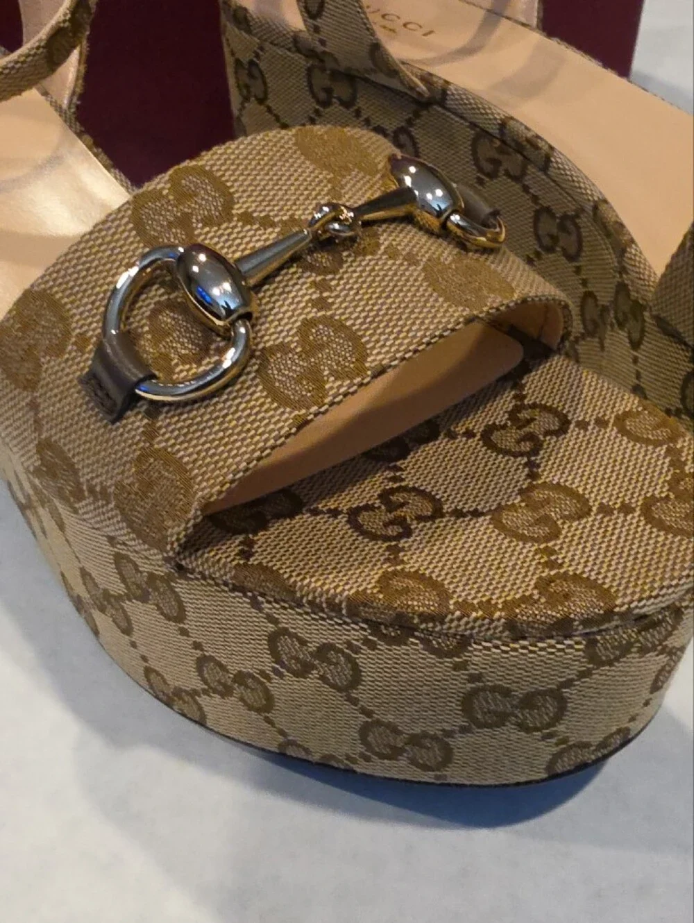 Gucci Brown GG Canvas Platform Wedge Sandals with Horsebit